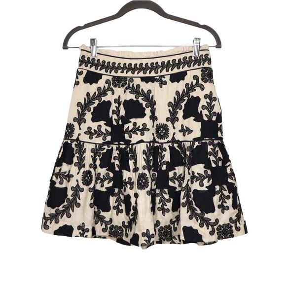 ANTHROPOLOGIE A-Line Flounce Mini Skirt Emobroidered Floral Black Tan Women's S - Picture 1 of 16